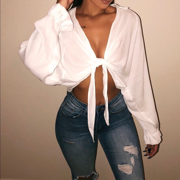 LAST 1 • White Knot Long Sleeve Flowy Top - Picture 2 of 5